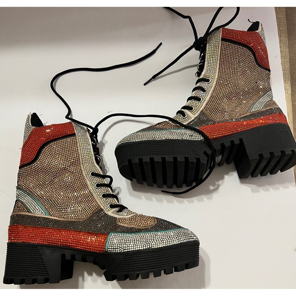 Kingston Womens Rhinestone Combat Boots Multi Color Crystal Lug Sole Platform 7M
